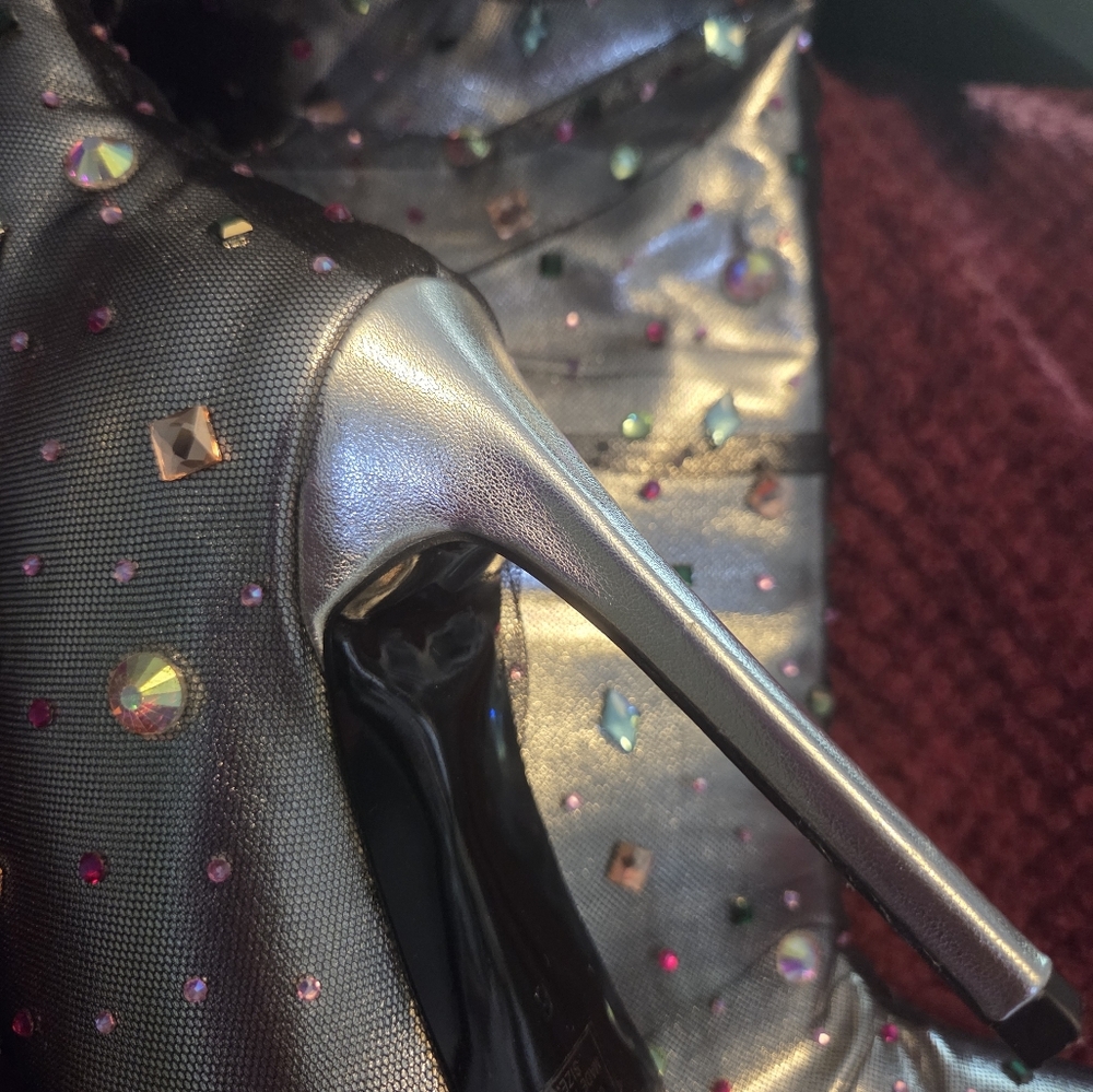 Metallic Silver High Heel Pumps with Rhinestone Accents